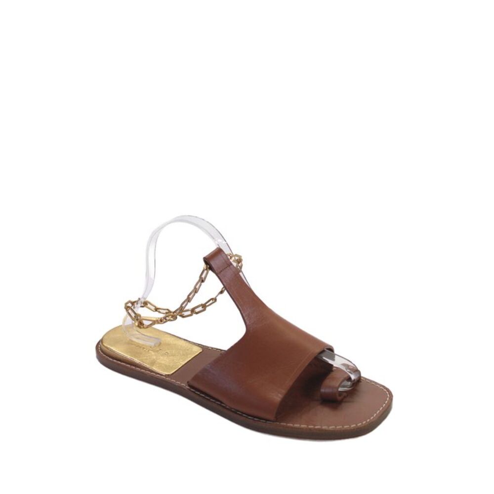 Sandro Women's Toe Loop Leather Chain Slingback Flat Sandals Brown Size 40